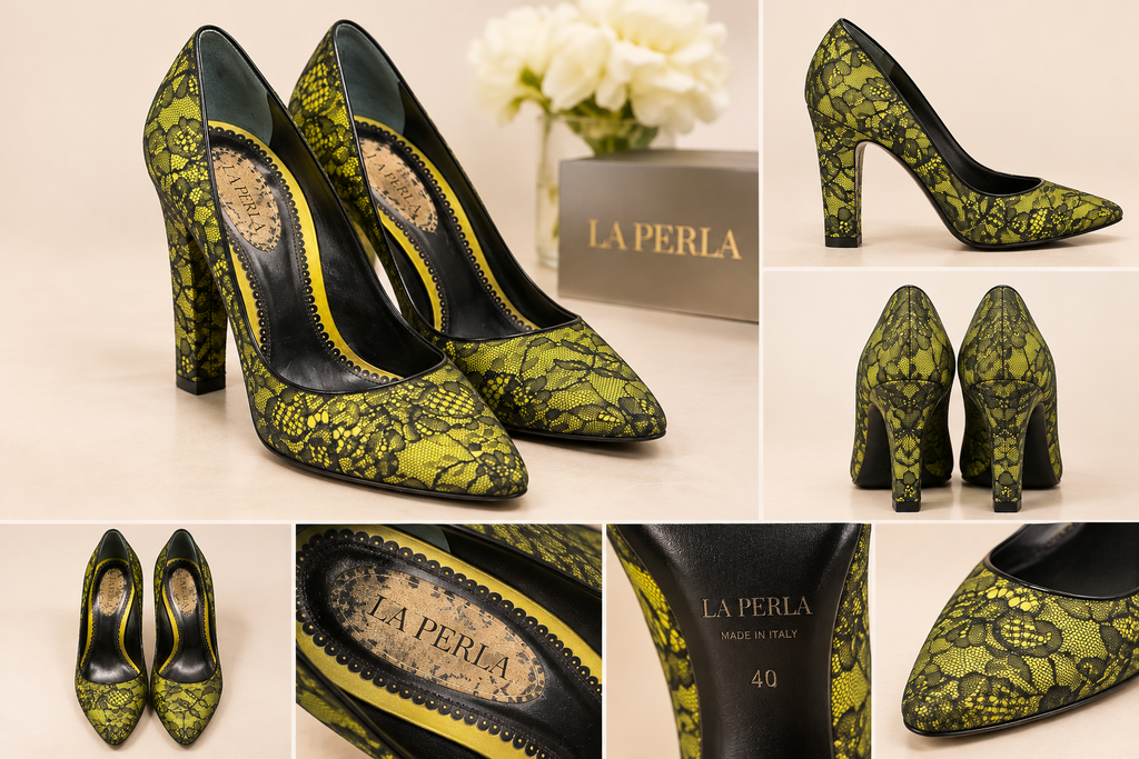 AI-enhanced product-view collage of La Perla floral pumps; use original item photos to verify condition and details
