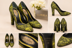 AI-enhanced product-view collage of La Perla floral pumps; use original item photos to verify condition and details