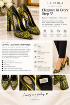 AI-styled editorial presentation of La Perla pumps; styling image only, refer to original item photos for exact product details