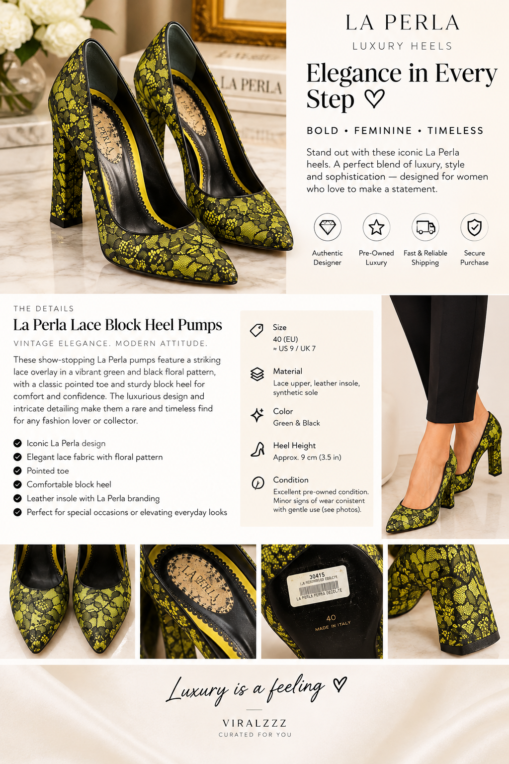 AI-styled editorial presentation of La Perla pumps; styling image only, refer to original item photos for exact product details