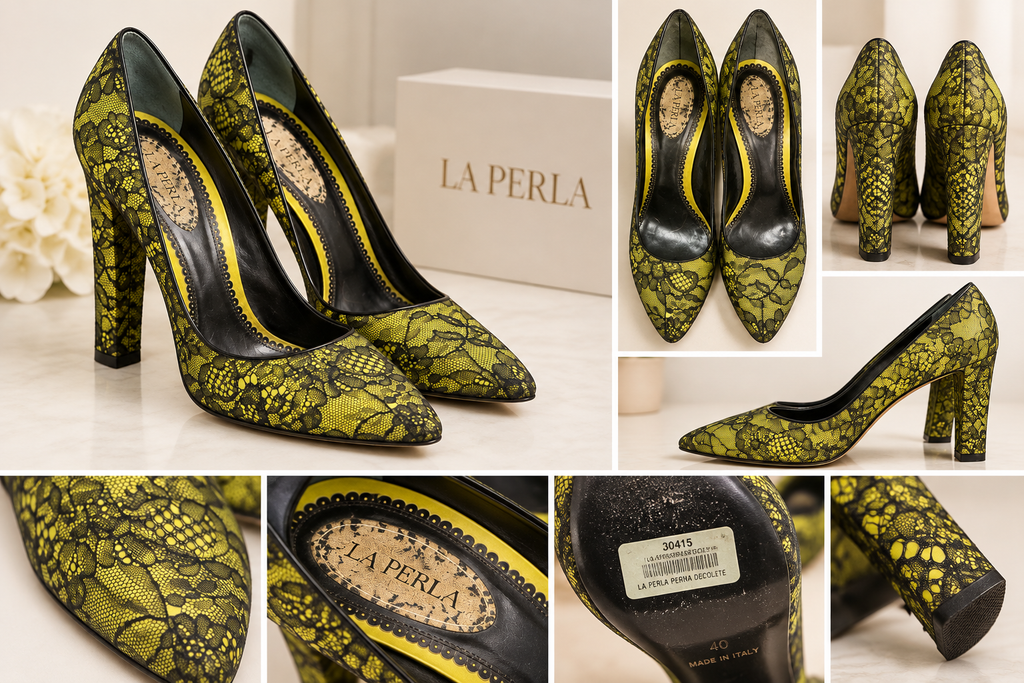 AI-styled collage of La Perla chartreuse and black floral pumps; editorial presentation, refer to original item photos for exact details