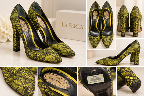 AI-styled collage of La Perla chartreuse and black floral pumps; editorial presentation, refer to original item photos for exact details
